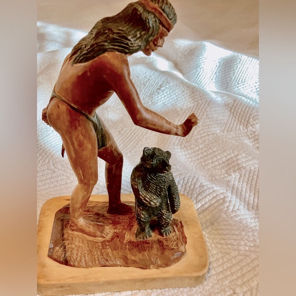 JUNIOR COBB 1966 RARE ORIGINAL WOOD CARVING NATIVE AMERICAN WITH BABY BEAR